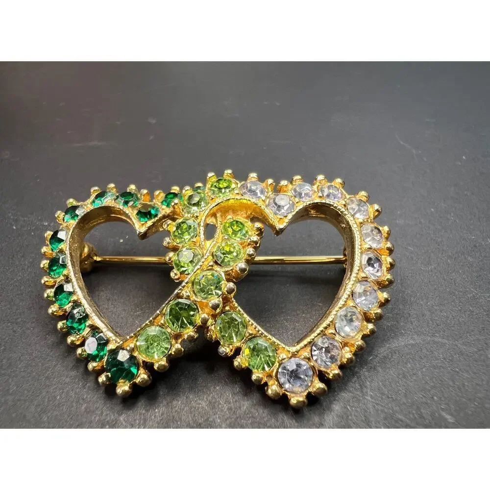 Vintage Gold Tone Double Heart Green Clear Rhinestone Brooch